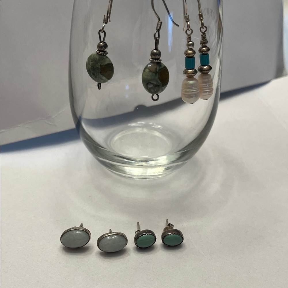Elegant Silver and Turquoise Earring Set 4 pairs